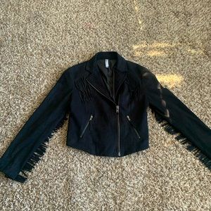 Black suede motor jacket w fringe front & back